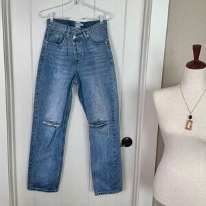 Princess Polly Distressed High Rise Denim Jeans | Sz 2  Asymmetrical Button Fly